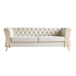 Modern Tufted Velvet Sofa 87.4 Inch For Living Room Beige Color