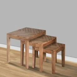 20, 17, 14 Inch 3 Piece Mango Wood Rectangular Nesting Table Set With Inlaid Herringbone Design, Natural Brown-Benzara -Olsberg shop 59d48ed457fa484e9617924bee29560a