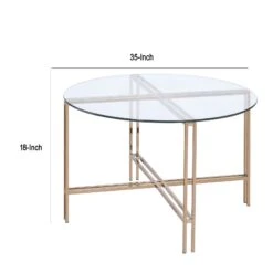 Coffee Table With X Shaped Metal Base And Round Glass Top, Gold-Benzara -Olsberg shop 5cc8440e0ee94f6abc49416ba7acb422