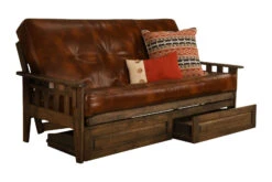 Olsberg shop 2 Tucson Futon In Rustic Walnut Finish With Storage Drawers And Saddle Brown Mattress