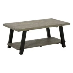 Modern 42 Inch Coffee Table, Solid Pine Wood Top, Metal Base, Muted Gray-Benzara
