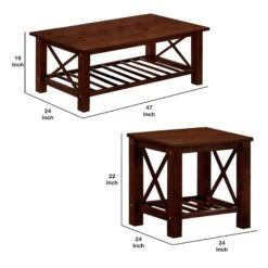 3 Piece Slatted Bottom Shelf Wooden Coffee Table And End Table, Brown-Benzara -Olsberg shop 6341d233ccbc4acb8ce0faf7efe4f517