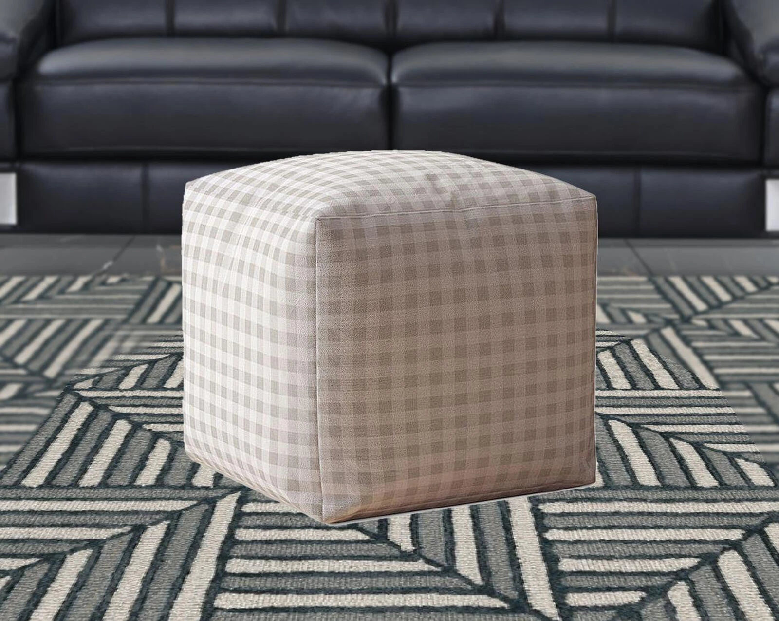 Homezia 17" Grey Cotton Gingham Pouf Ottoman 7 Homezia 17" Grey Cotton Gingham Pouf Ottoman - Image 5