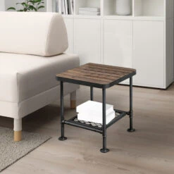 End Table With Plank Top And Mesh Shelf, Brown And Gray- Benzara -Olsberg shop 666444cbbe084a5eaccfac433a251965