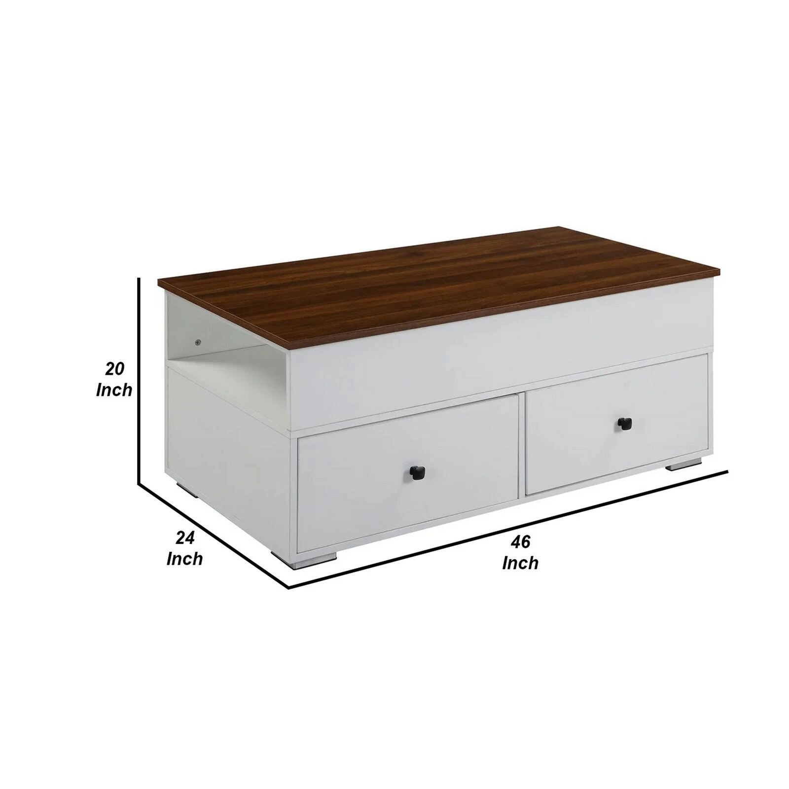 46 Inch Wood Coffee Table, Lift Top, 2 Drawers, Storage, Walnut, White-Benzara 7 46 Inch Wood Coffee Table, Lift Top, 2 Drawers, Storage, Walnut, White-Benzara - Image 5