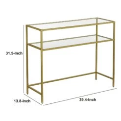 Kin 39 Inch Sofa Console Table, Metal Frame, Tempered Glass Shelves, Gold-Benzara -Olsberg shop 69b8bb1a8d9042b3b8568853d145abfd