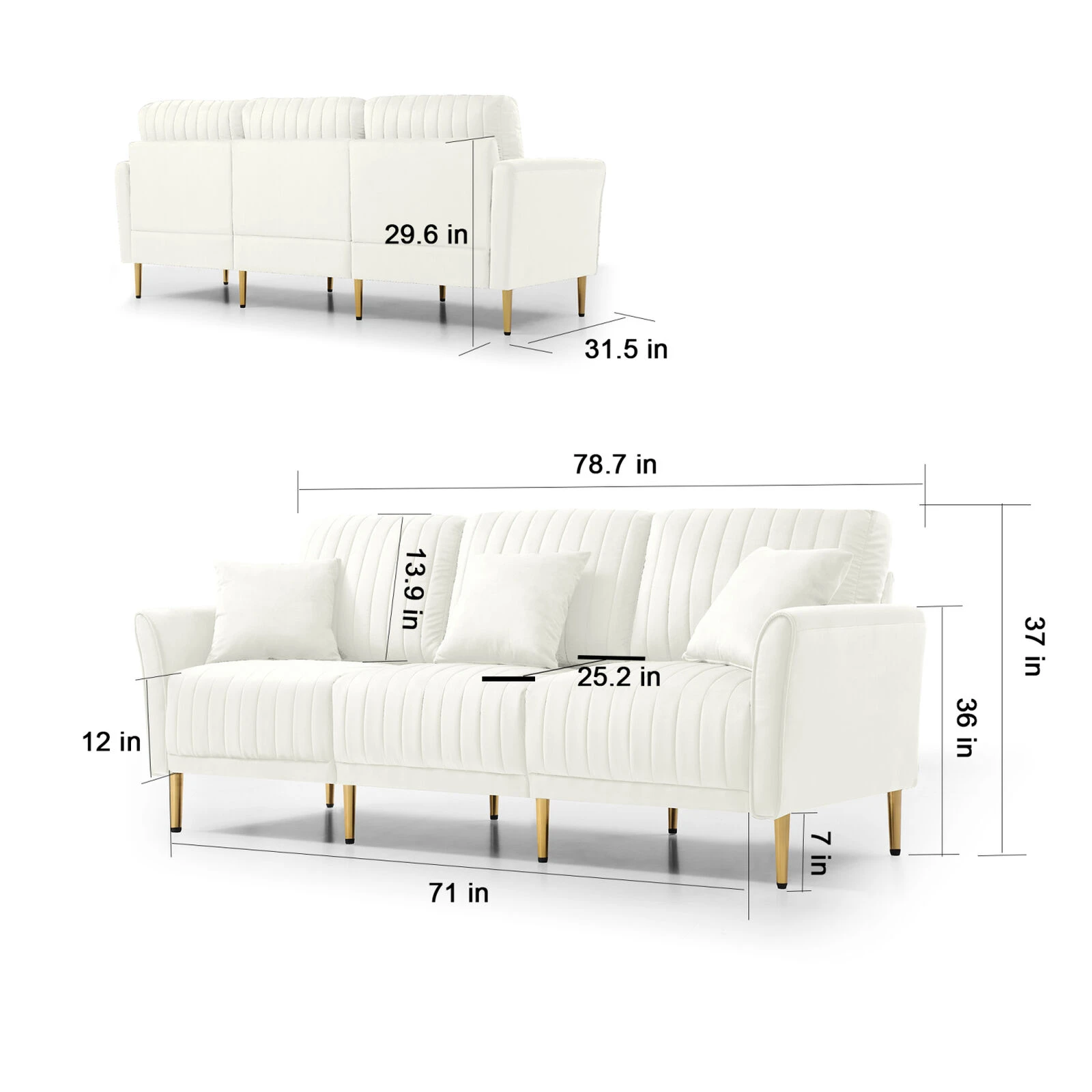 Contemporary Velvet Upholstered 3 Seater Sofa With Deep Channel Tufting And Gold Metal Legs, Cream 6 Contemporary Velvet Upholstered 3 Seater Sofa With Deep Channel Tufting And Gold Metal Legs, Cream - Image 4