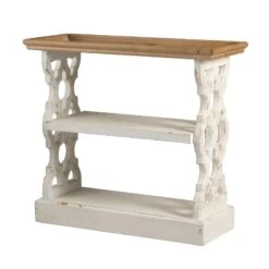 35 Inch 3 Tier Console Table, Fir Wood, Carved Panels, Brown And White-Benzara