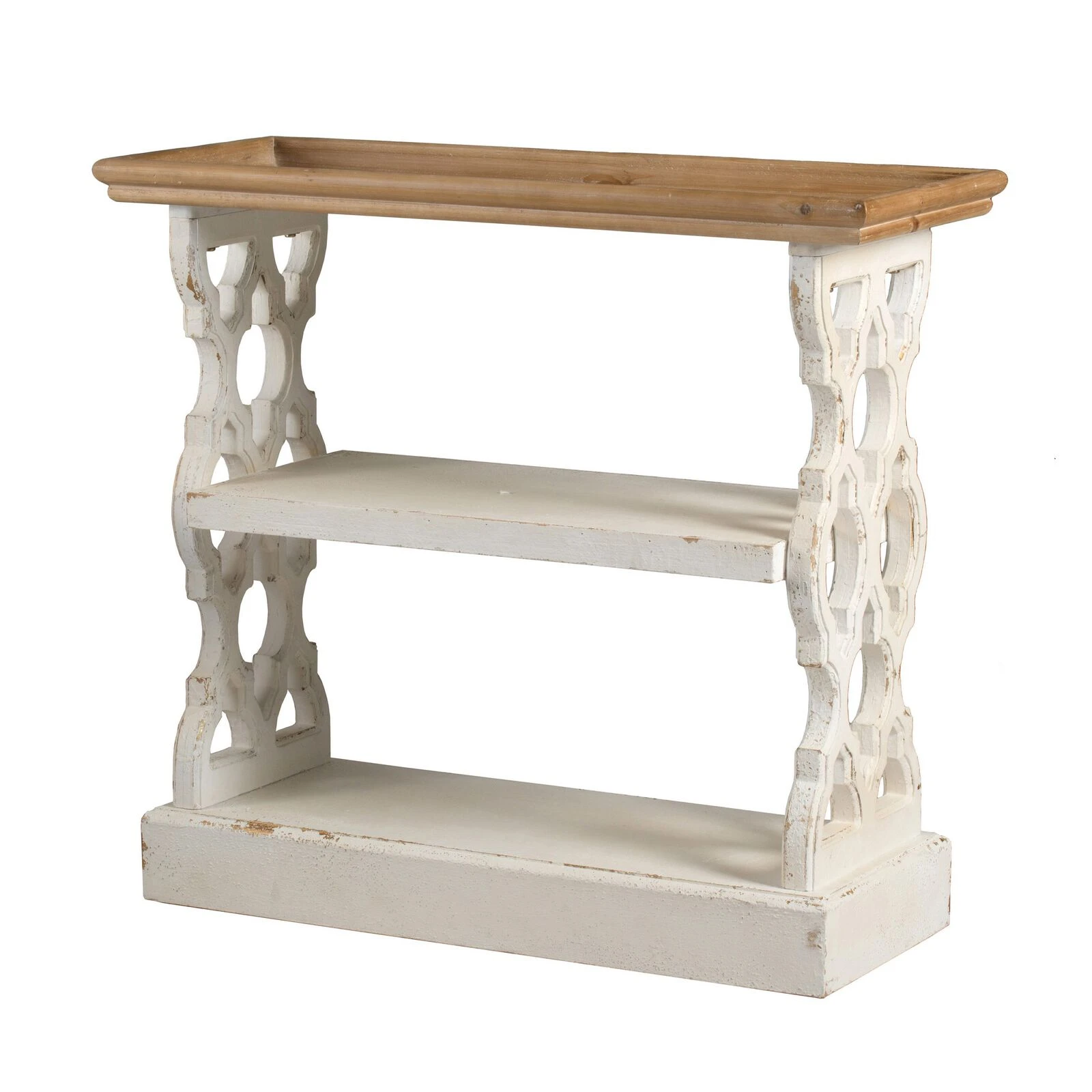 35 Inch 3 Tier Console Table, Fir Wood, Carved Panels, Brown And White-Benzara 3 35 Inch 3 Tier Console Table, Fir Wood, Carved Panels, Brown And White-Benzara