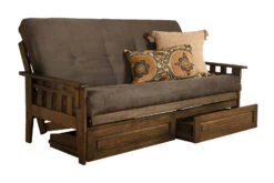Tucson Futon In Rustic Walnut Finish With Storage Drawers And Suede Gray Mattress