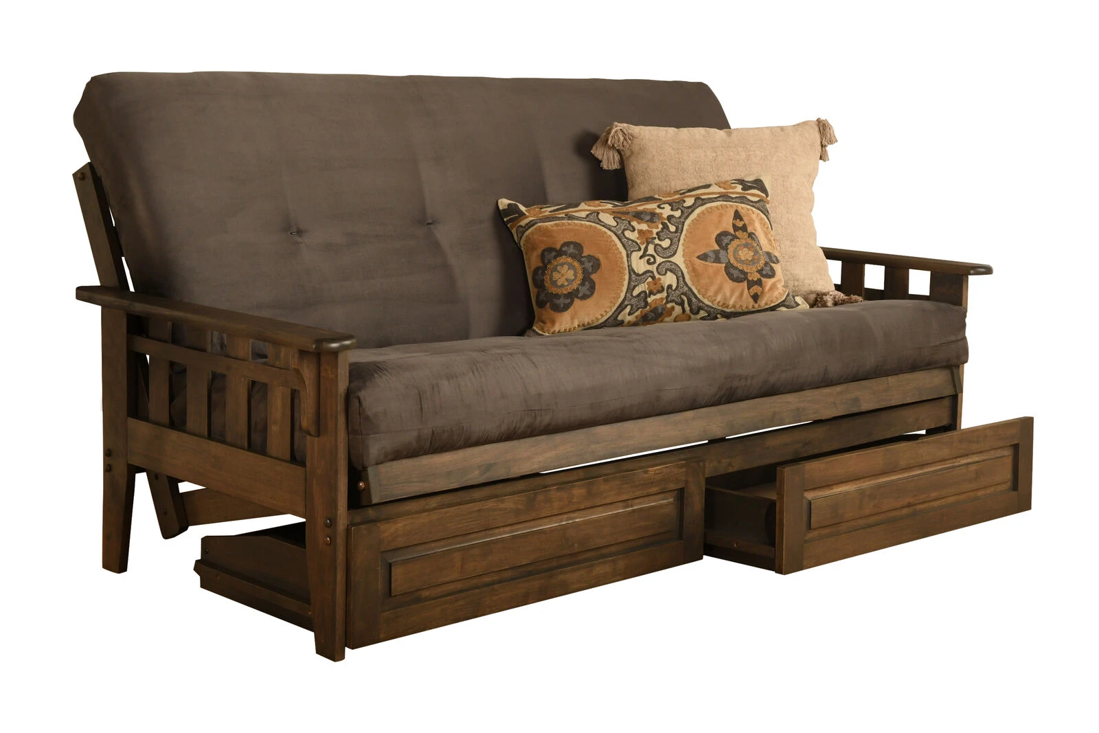 Tucson Futon In Rustic Walnut Finish With Storage Drawers And Suede Gray Mattress 3 Tucson Futon In Rustic Walnut Finish With Storage Drawers And Suede Gray Mattress