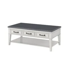 19 Inch 3 Drawer Coffee Table With Bottom Shelf, White And Gray-Benzara