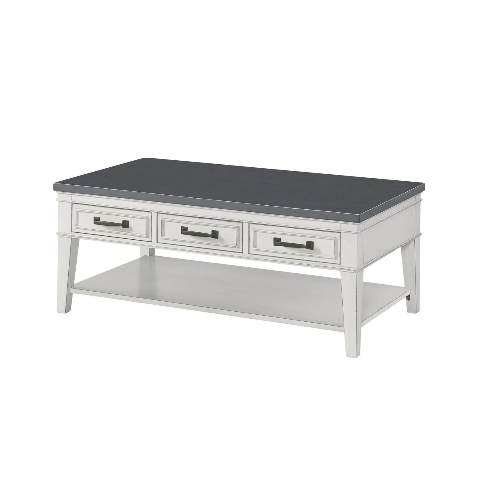 19 Inch 3 Drawer Coffee Table With Bottom Shelf, White And Gray-Benzara 3 19 Inch 3 Drawer Coffee Table With Bottom Shelf, White And Gray-Benzara