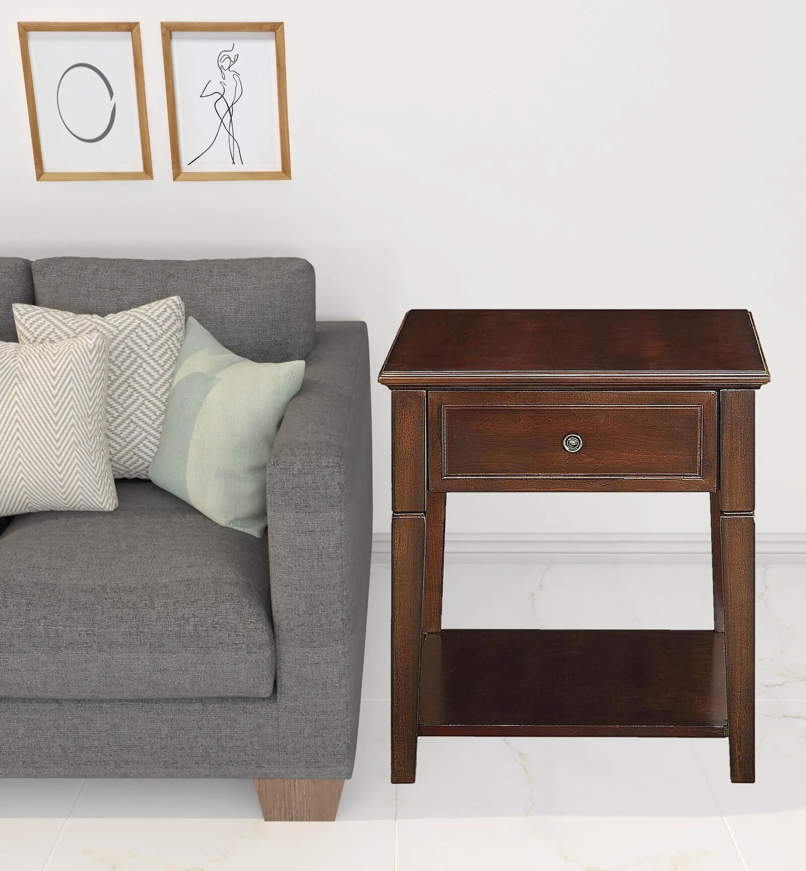 Homezia 24" Walnut Wood Rectangular End Table With Drawer And Shelf 10 Homezia 24" Walnut Wood Rectangular End Table With Drawer And Shelf - Image 8