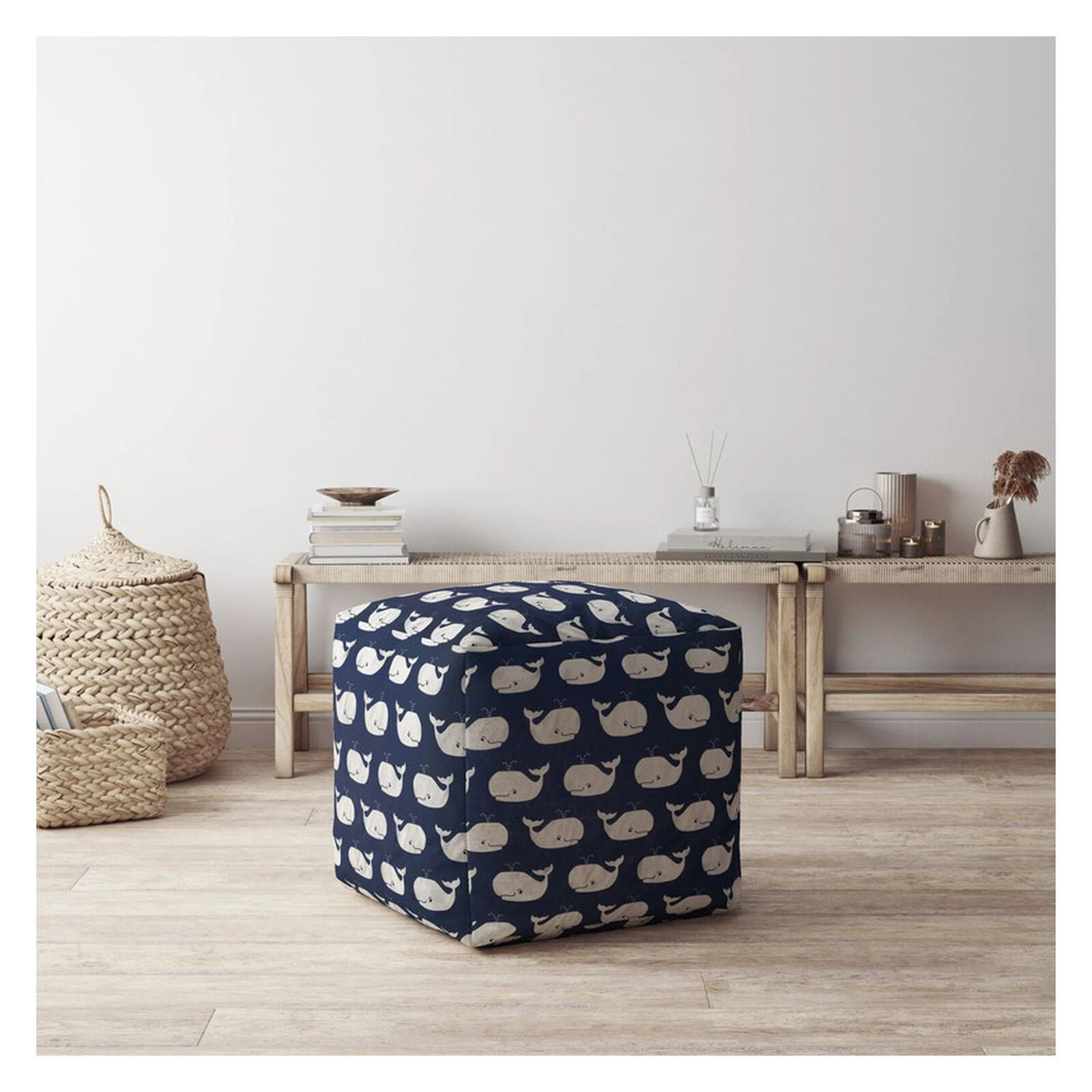 Homezia 17" Blue And Grey Twill Animal Print Pouf Ottoman 3 Homezia 17" Blue And Grey Twill Animal Print Pouf Ottoman - Image 2