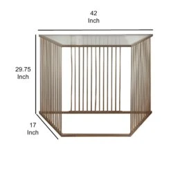 Metal And Glass Sofa Table With Vertical Slat Design, Gold-Benzara -Olsberg shop 742be20320824b9cbffc69516a1cde1b