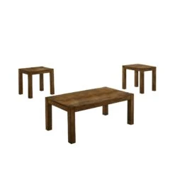 3 Piece Wooden Coffee Table And End Table With Block Legs, Brown-Benzara