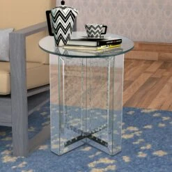 Round Mirrored Metal End Table With Glass Top And Crystal Accent Base, Silver-Benzara -Olsberg shop 78df0b941d69482088611bdbb2347416