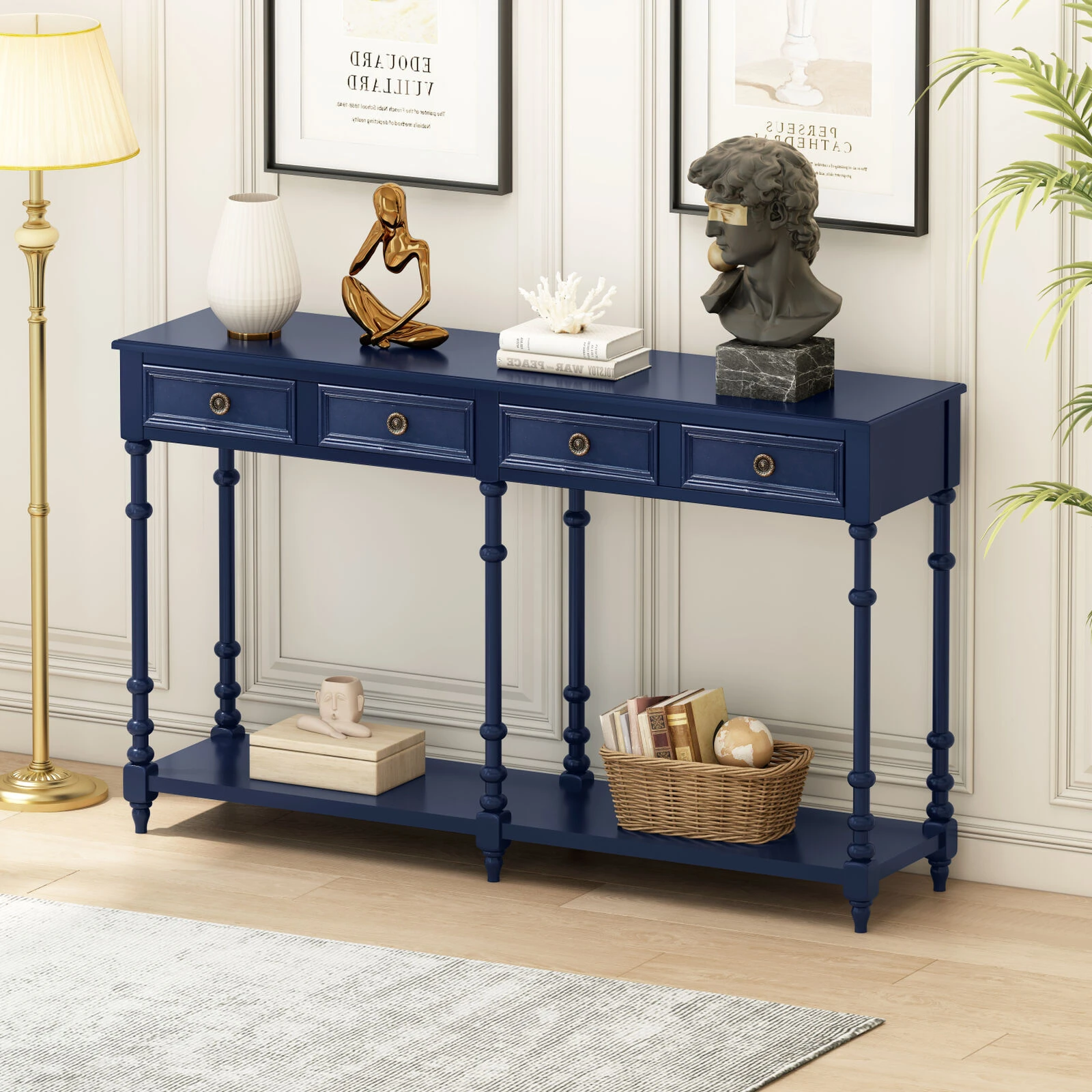 59" Retro Console Table With 2 Drawers And Bottom Shelf, For Entryway Hallway, Living Room, Painted In Blue 4 59" Retro Console Table With 2 Drawers And Bottom Shelf, For Entryway Hallway, Living Room, Painted In Blue - Image 2