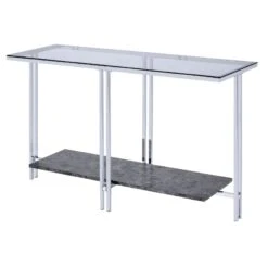 Glass Top Metal Sofa Table With Marble Bottom Shelf, Silver And Clear-Benzara