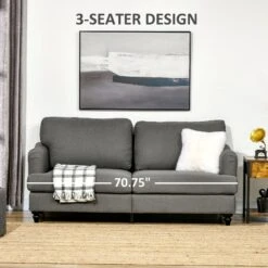 Grey 3-Seater Sofa Couch, 71" Modern Linen Fabric Sofa With Rubber Wood Legs And Slatted Frame 11 Grey 3-Seater Sofa Couch, 71" Modern Linen Fabric Sofa With Rubber Wood Legs And Slatted Frame -Olsberg shop 7e960864e7b04415a5d9f23a67424d6a
