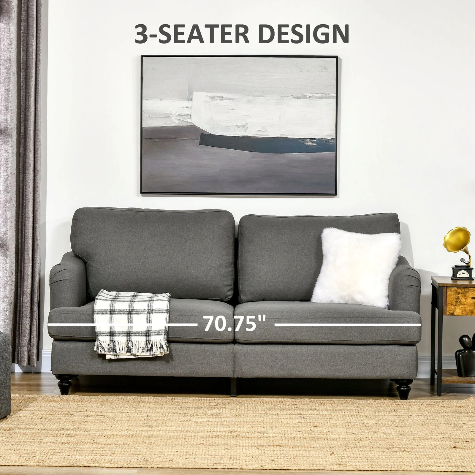 Grey 3-Seater Sofa Couch, 71" Modern Linen Fabric Sofa With Rubber Wood Legs And Slatted Frame 6 Grey 3-Seater Sofa Couch, 71" Modern Linen Fabric Sofa With Rubber Wood Legs And Slatted Frame - Image 4