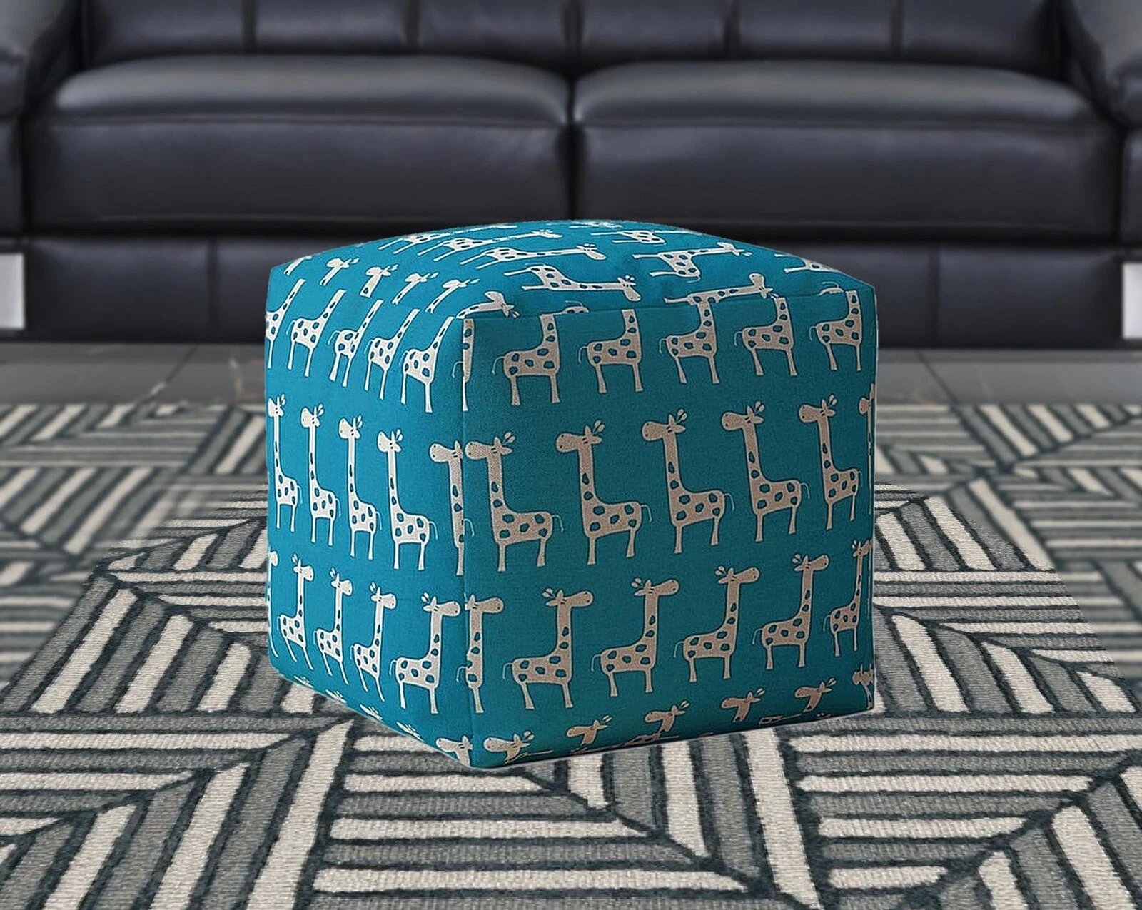 Homezia 17" Blue And White Cotton Animal Print Pouf Ottoman 7 Homezia 17" Blue And White Cotton Animal Print Pouf Ottoman - Image 5
