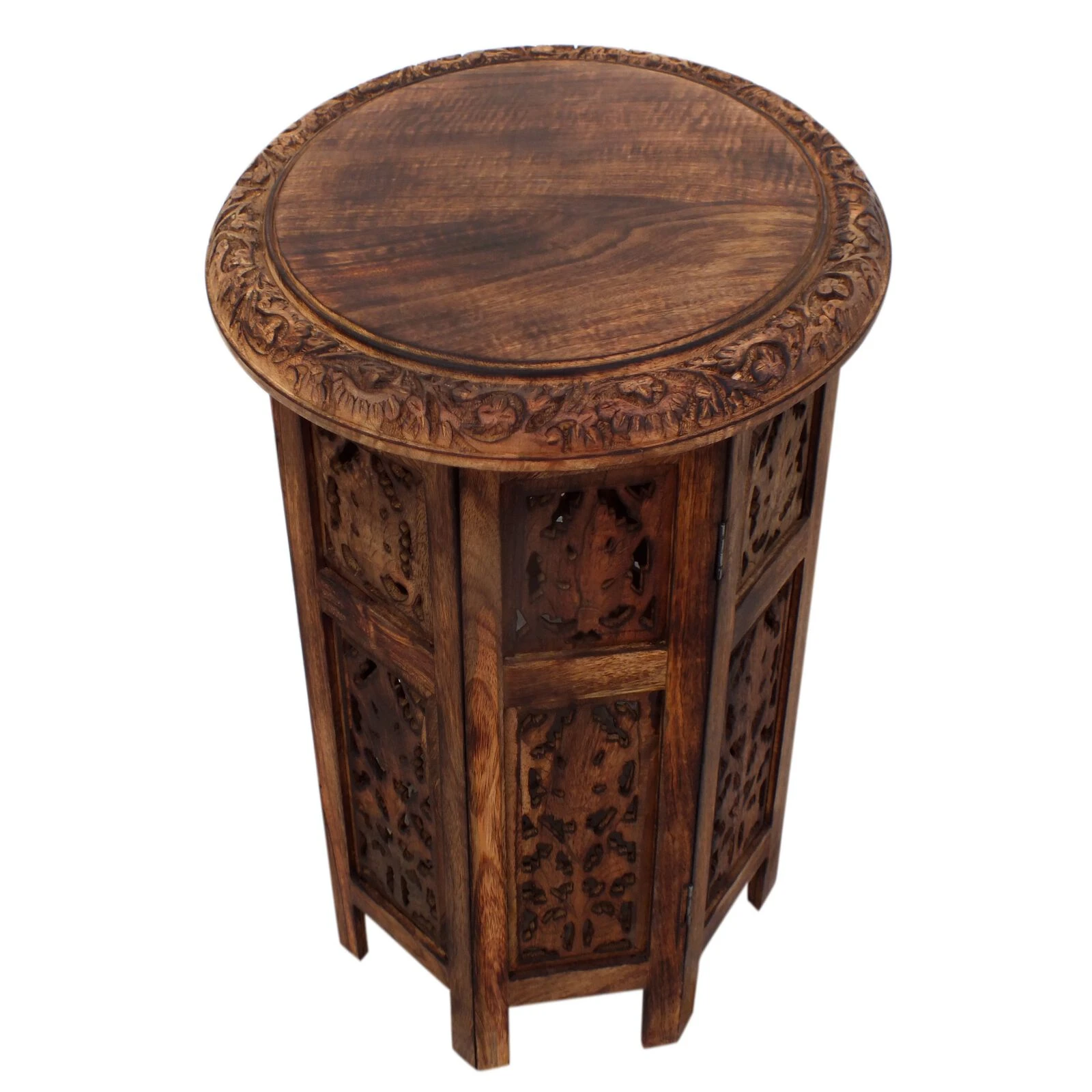 18 Inch Mango Wood Folding Accent Table, Hand Carved, Walnut Brown-Benzara 3 18 Inch Mango Wood Folding Accent Table, Hand Carved, Walnut Brown-Benzara