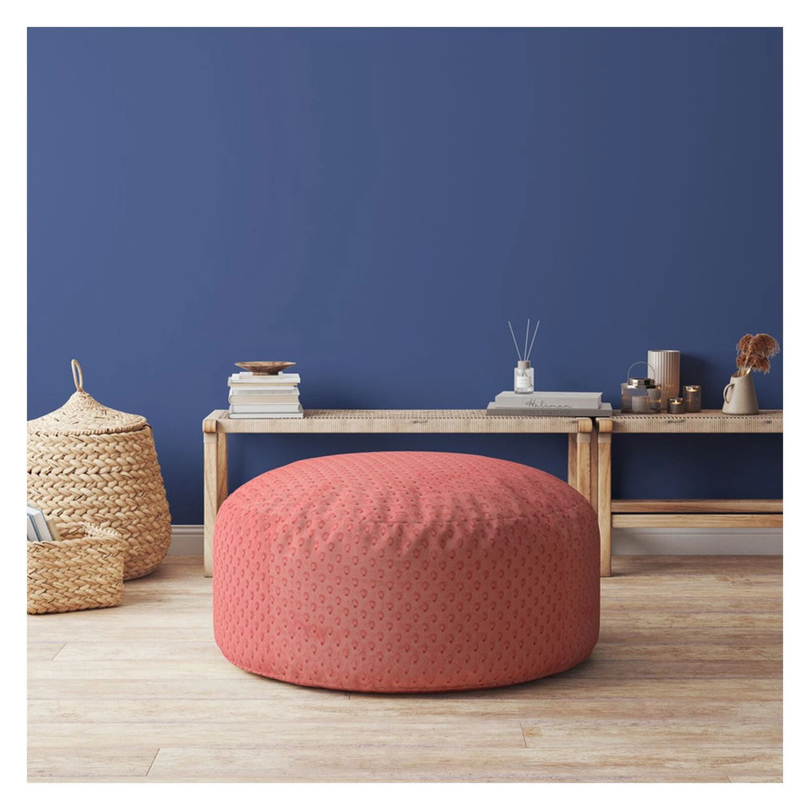 Homezia 24" Coral 100% Polyester Round Pouf Ottoman 4 Homezia 24" Coral 100% Polyester Round Pouf Ottoman - Image 2