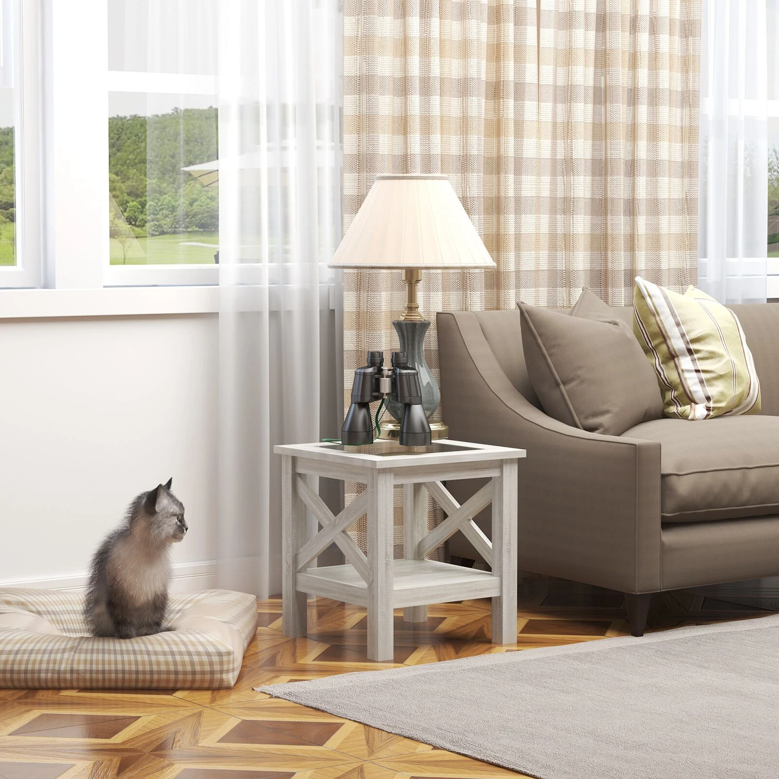 Farmhouse End Table, Sofa Side Table With Tempered Glass Top, Coffee Table With Underneath Storage Shelf For Living Room, Bedroom, White Oak 4 Farmhouse End Table, Sofa Side Table With Tempered Glass Top, Coffee Table With Underneath Storage Shelf For Living Room, Bedroom, White Oak - Image 2