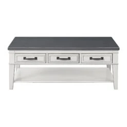 19 Inch 3 Drawer Coffee Table With Bottom Shelf, White And Gray-Benzara 9 19 Inch 3 Drawer Coffee Table With Bottom Shelf, White And Gray-Benzara -Olsberg shop 8494515db66d4e1baa7a92bcd91251ec