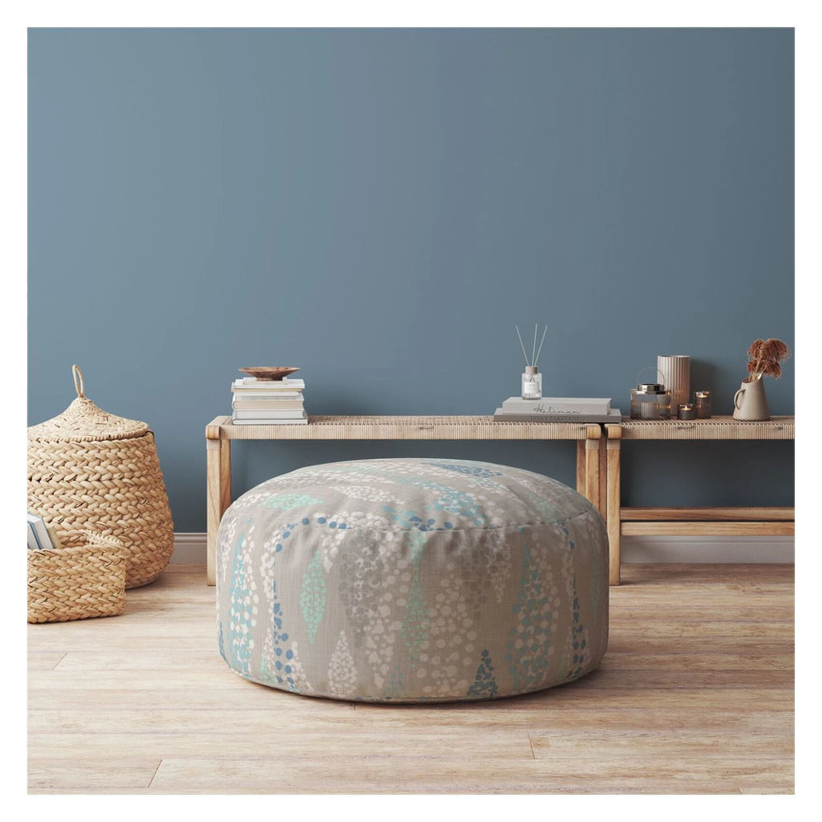 Homezia 24" Blue And Grey Round Polka Dots Pouf Ottoman 4 Homezia 24" Blue And Grey Round Polka Dots Pouf Ottoman - Image 2