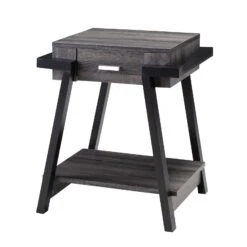 Wooden End Table With Angled Leg Support And 1 Drawer, Black And Gray- Benzara