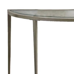 Semicircular Glass Top Sofa Table With Sleek Tapered Legs, Silver-Benzara 9 Semicircular Glass Top Sofa Table With Sleek Tapered Legs, Silver-Benzara -Olsberg shop 88fc8e874f294469aa4e786bd0e36b3b