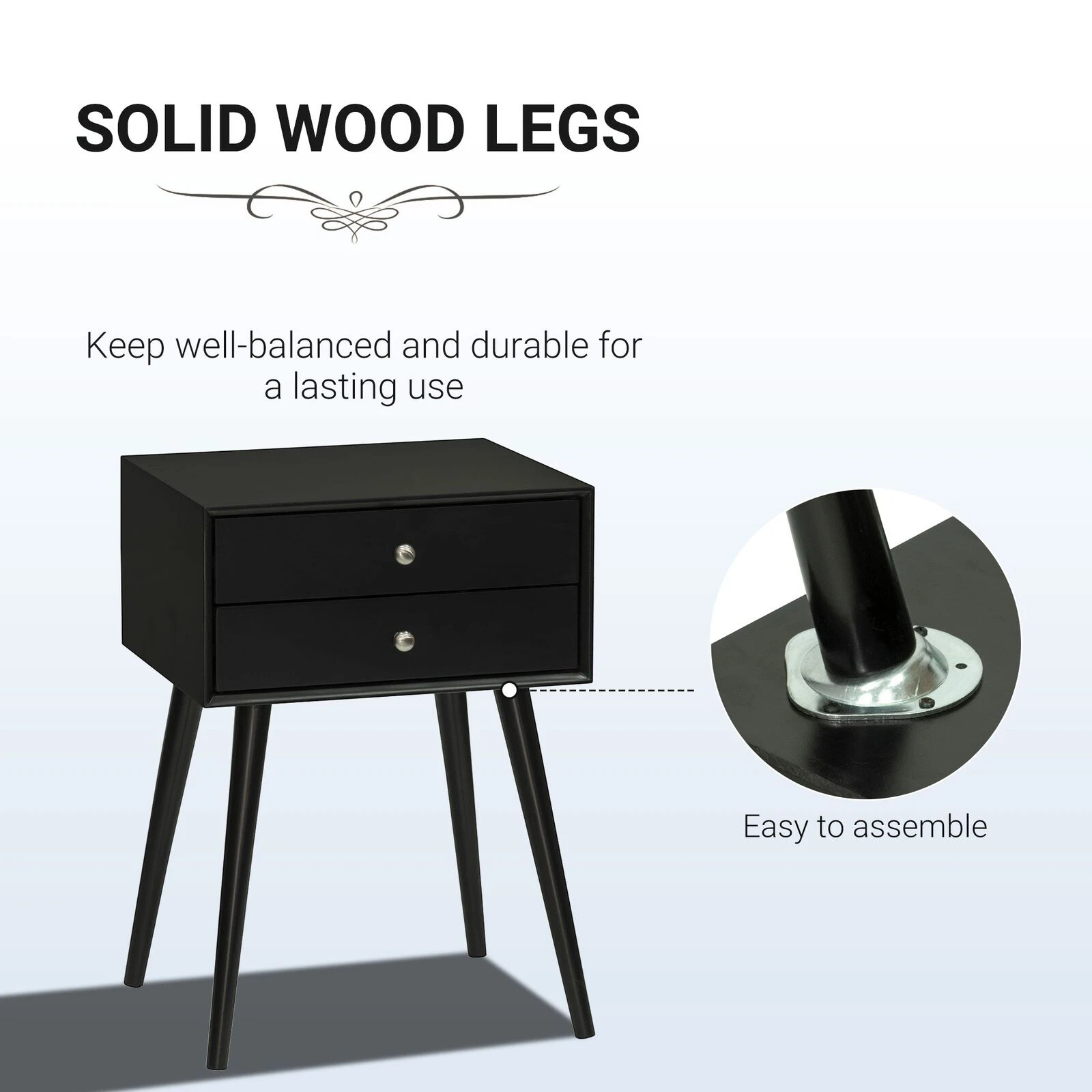 Modern Side End Table With 2 Drawers, Nightstand With Solid Wood Legs, Living Room, Bedroom Furniture, Black 7 Modern Side End Table With 2 Drawers, Nightstand With Solid Wood Legs, Living Room, Bedroom Furniture, Black - Image 5