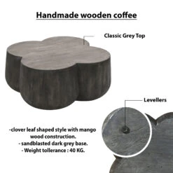 36 Inch Artisanal Classic Coffee Table, Clover Leaf Drum Shaped Mango Wood Frame, Gray-Benzara -Olsberg shop 8c02328d393d4e93902b02dd36d6ac42