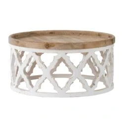 Ode 32 Inch Coffee Table, Round, Quatrefoil Lattice Design, Brown, White-Benzara