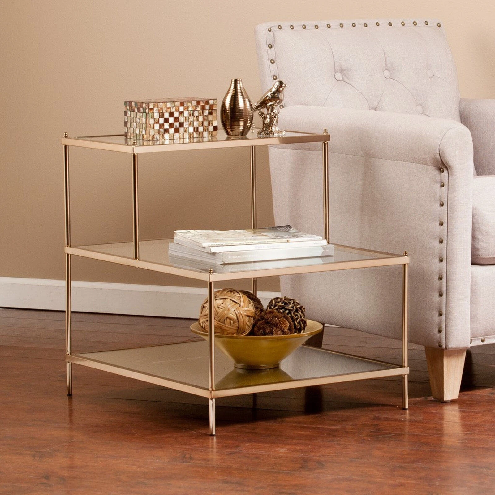 Homezia 24" Gold And Clear Glass Tiered Rectangular End Table 4 Homezia 24" Gold And Clear Glass Tiered Rectangular End Table - Image 2