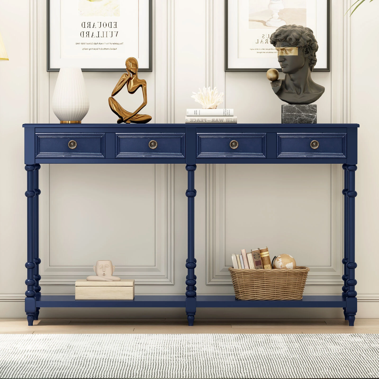 59" Retro Console Table With 2 Drawers And Bottom Shelf, For Entryway Hallway, Living Room, Painted In Blue 6 59" Retro Console Table With 2 Drawers And Bottom Shelf, For Entryway Hallway, Living Room, Painted In Blue - Image 4
