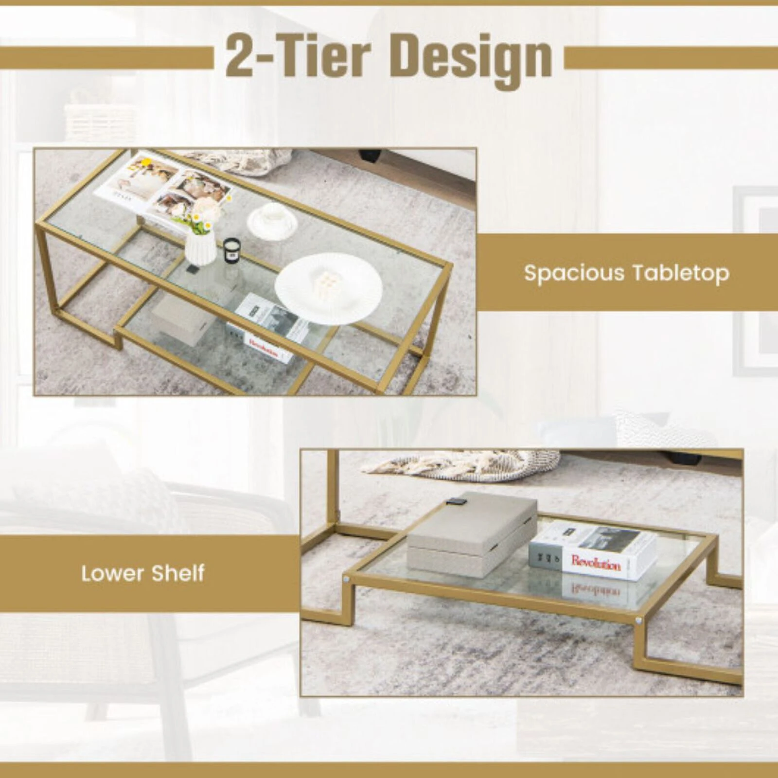 Modern 2-Tier Rectangular Coffee Table With Glass Table Top-Golden 5 Modern 2-Tier Rectangular Coffee Table With Glass Table Top-Golden - Image 3