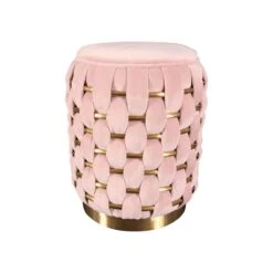Reno 19 Inch Modern Ottoman, Woven Accents, Hoop Frame, Velvet, Pink-Benzara