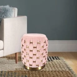 Reno 19 Inch Modern Ottoman, Woven Accents, Hoop Frame, Velvet, Pink-Benzara -Olsberg shop 8f3f9285702c4a3eac1404f4761d981e