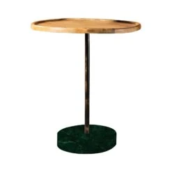 26 Inch Modern Accent Table, Round Tray Top, Dark Green Marble Base, Brown-Benzara