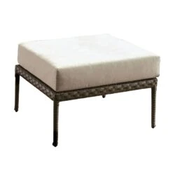 Faux Wicker Patio Ottoman With Fabric Box Cushion, Gray And Beige-Benzara
