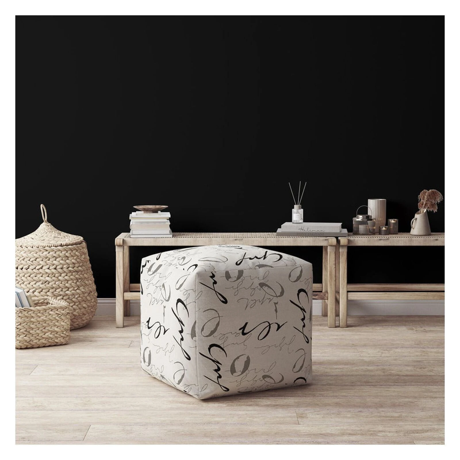 Homezia 17" Black And Grey 100% Polyester Abstract Pouf Ottoman 4 Homezia 17" Black And Grey 100% Polyester Abstract Pouf Ottoman - Image 2