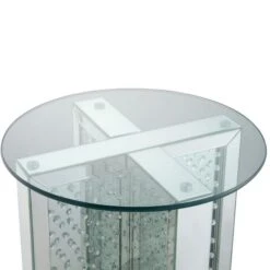 Round Mirrored Metal End Table With Glass Top And Crystal Accent Base, Silver-Benzara -Olsberg shop 9285f003ddf34fbc852380c7d886b42b