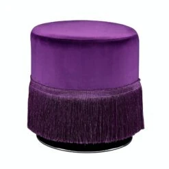 Fabric Upholstered Round Ottoman With Fringes And Metal Base, Purple- Benzara