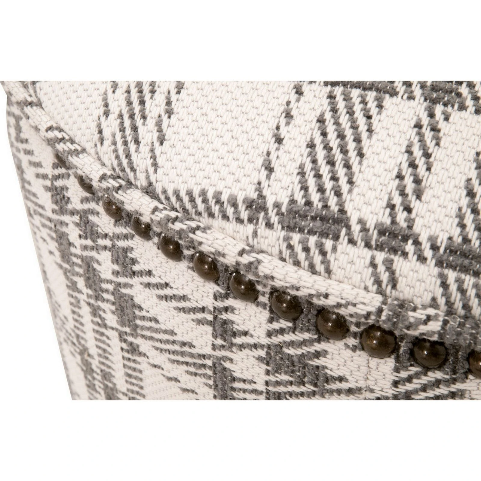 Elly 20 Inch Plaid Fabric Ottoman, Round, Nailhead Accents, Gray, White-Benzara 5 Elly 20 Inch Plaid Fabric Ottoman, Round, Nailhead Accents, Gray, White-Benzara - Image 3