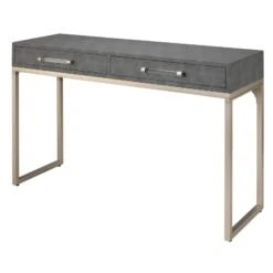 Console Table With Two Drawers And Metal Base, Gray-Benzara