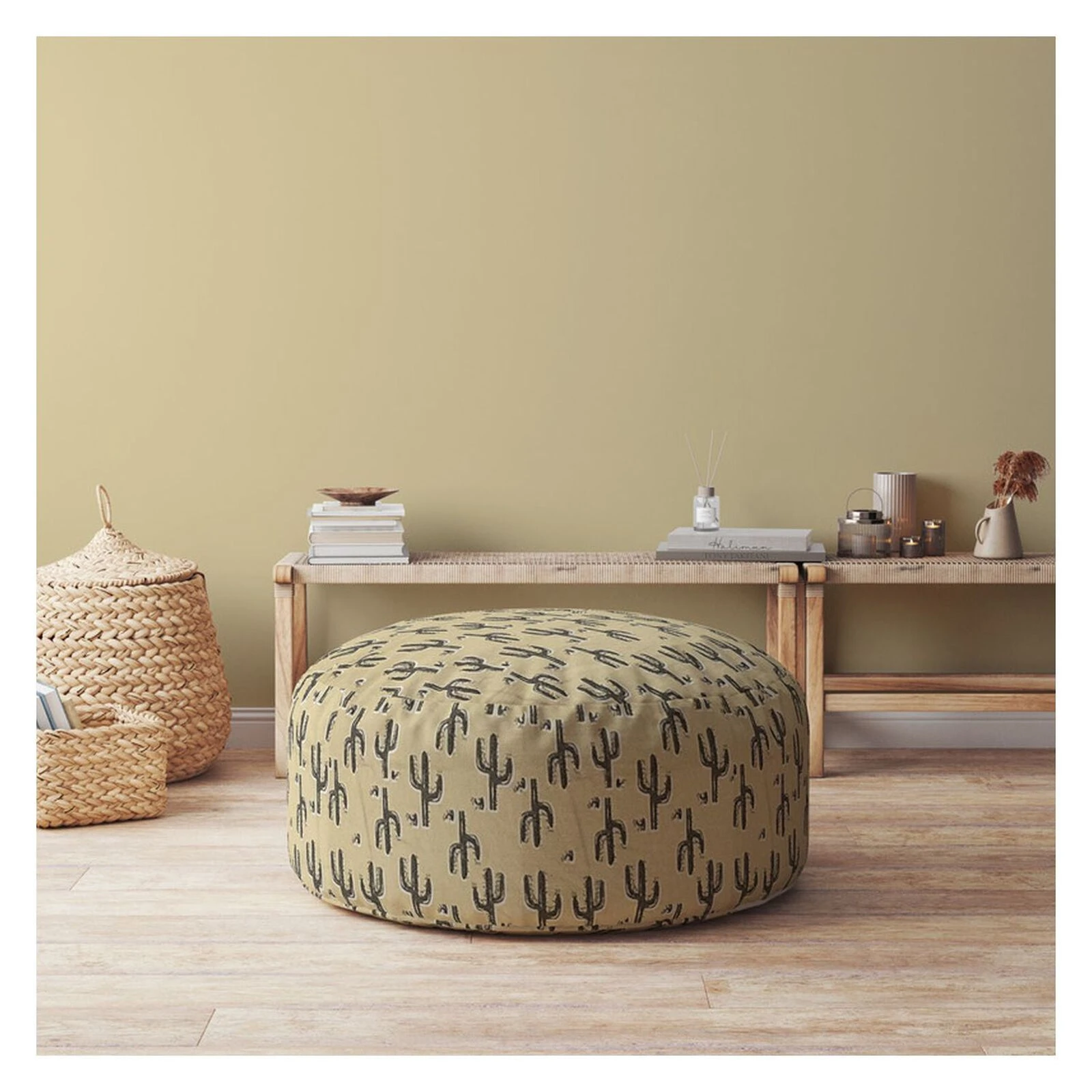 Homezia 24" Beige Cotton Floral Pouf Ottoman 4 Homezia 24" Beige Cotton Floral Pouf Ottoman - Image 2
